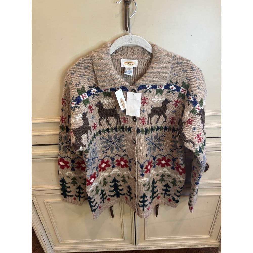 Talbots Vintage NWT Wool Christmas Reindeer Knit Sweater Button Up Small